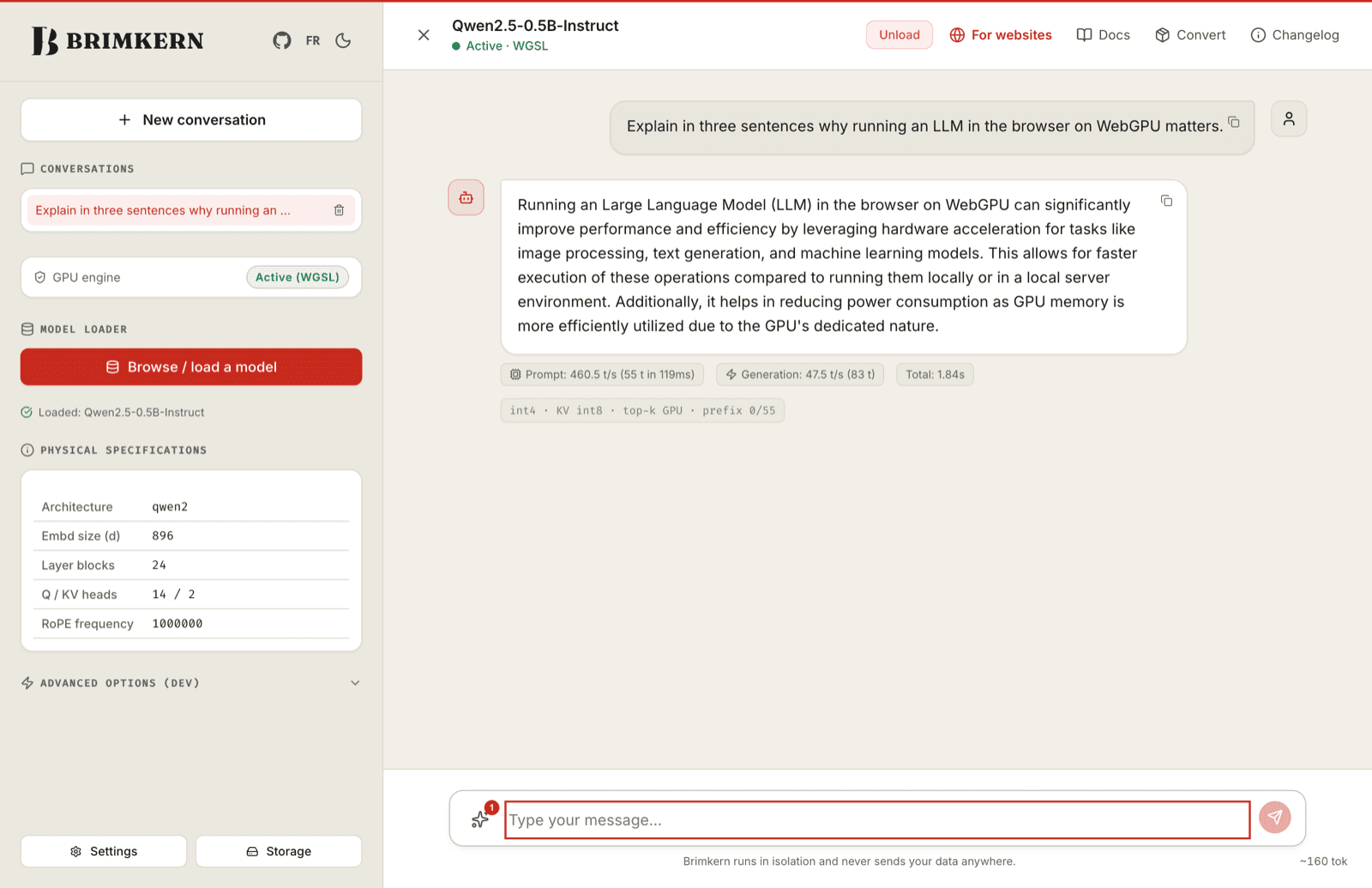 Le chat Brimkern : un Qwen 2.5 0.5B répond à une question sur WebGPU, avec ses mesures en dessous — 460 tokens/s de prefill, 47,5 tokens/s de décodage.